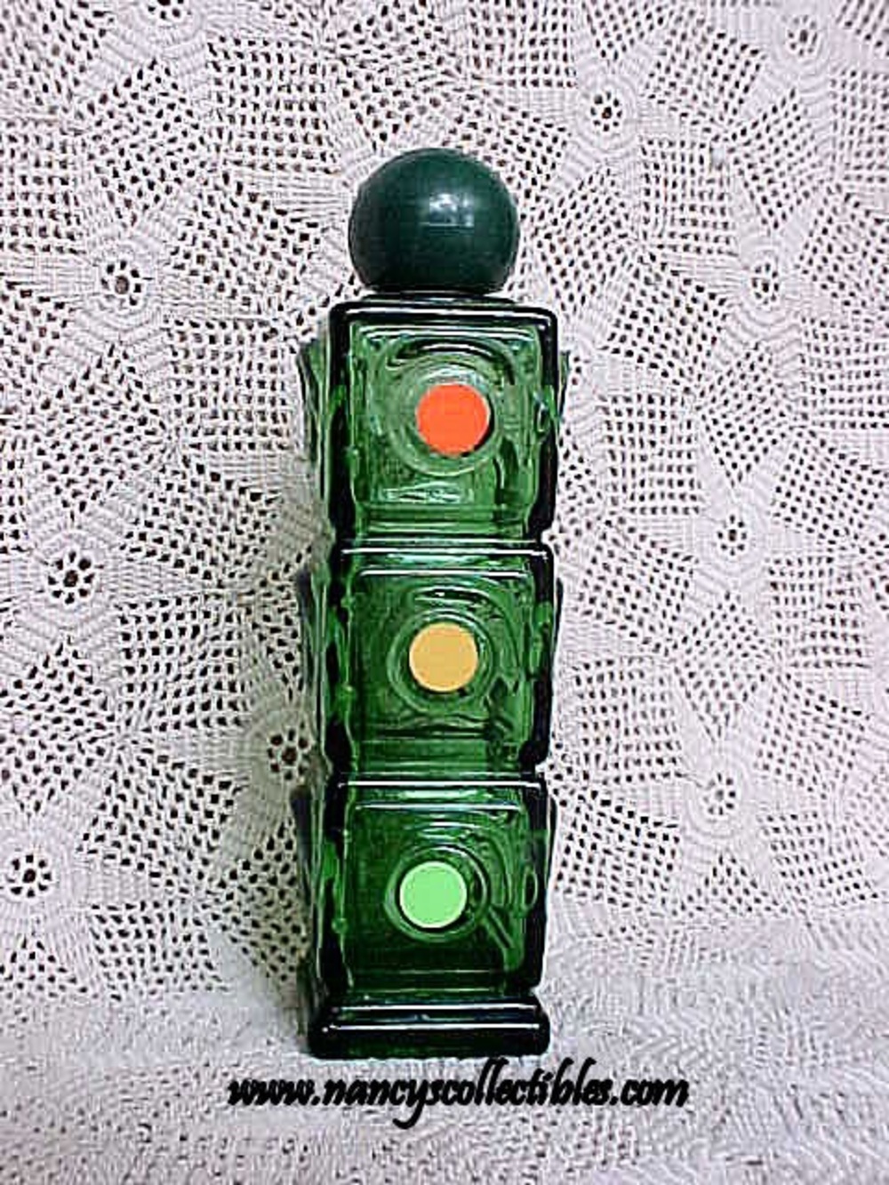 Avon Vintage Green Glass Tower Perfume Bottle with Color Dot Accents